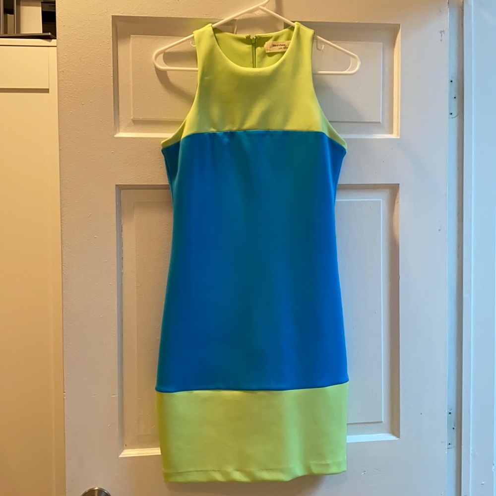 Green and blue color block dress
